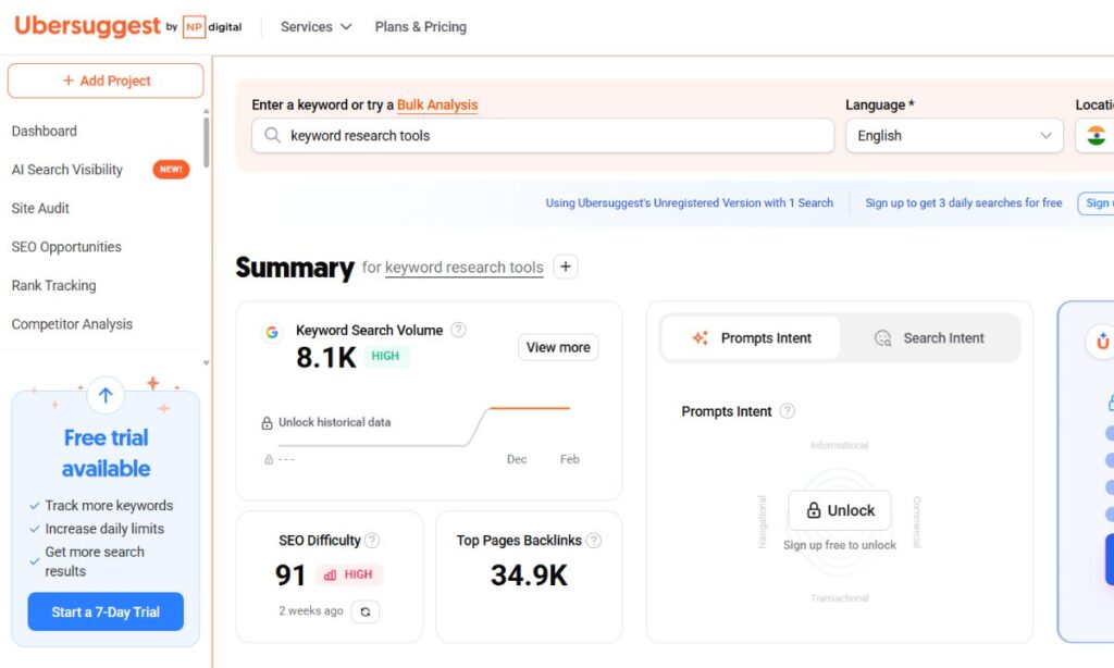 Ubersuggest Dashboard